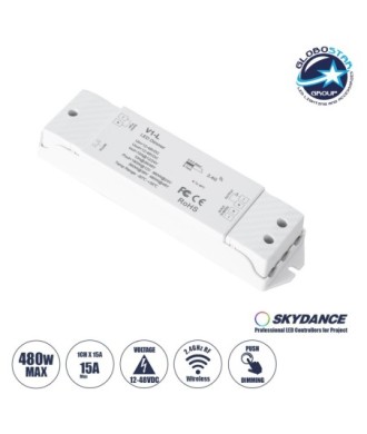 GLOBOSTAR® SKYDANCE-V1-L 71568 DC RF 2.4Ghz & Push Dimmer - Controller με 1 x 15A 480W Κανάλι DC 12-48V 15A 480W Max IP20 - RF 2.4Ghz & Push Dimming - Μ17.5 x Π4.5 x Υ2.5cm - 5 Χρόνια Εγγύηση